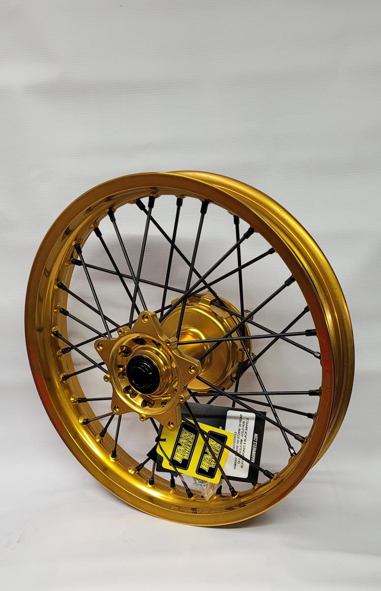 HAAN WHEELS (EXCEL) kompletní zadní kolo 18 palců 18 x 2.50 (ráfek EXCEL) YAMAHA XTZ 700 TENERE (690) '20-, zlatý ráfek / černé dráty / zlatá náboj / černé niple (NA OBJEDNÁVKU)